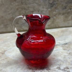 vintage ruby red crackle glass pitcher, 
Side pour bud vase 3-1/2”H